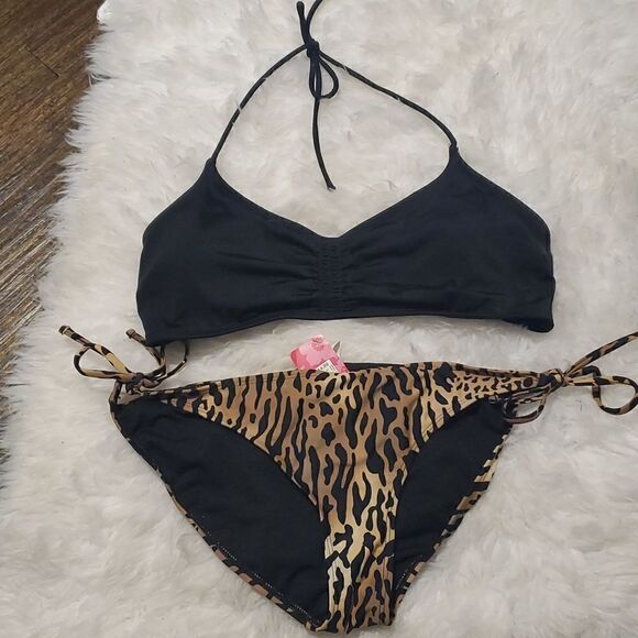 Leopard cheetah print & black string bikini swimsuit swim XL NWT - Picture 1 of 9